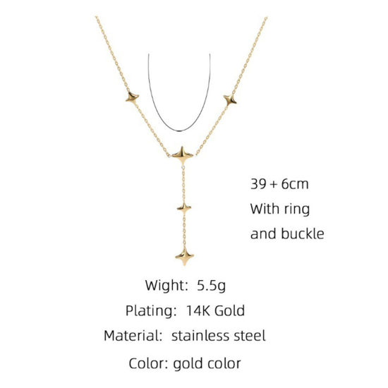 Picture of Eco-friendly Vacuum Plating Simple & Casual Stylish 14K Real Gold Plated 304 Stainless Steel Link Cable Chain Four-pointed star Y Shaped Lariat Necklace For Women Party 39cm(15 3/8") long, 1 Piece