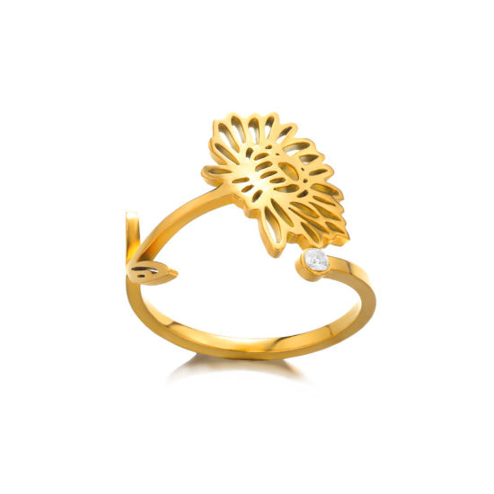 Imagen de Enchapado al Vacío Ecológico Dulce & Lindo Flor del Mes de Nacimiento Chapado en Oro de 18K 304 Acero Inoxidable Abierto Ajustable Flor Octubre Hueco Anillos Para Mujeres Cumpleaños 17mm (US size 6.5), 1 Unidad