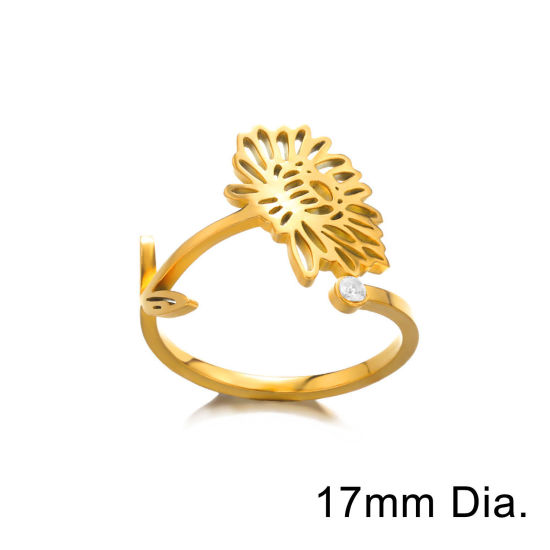 Imagen de Enchapado al Vacío Ecológico Dulce & Lindo Flor del Mes de Nacimiento Chapado en Oro de 18K 304 Acero Inoxidable Abierto Ajustable Flor Octubre Hueco Anillos Para Mujeres Cumpleaños 17mm (US size 6.5), 1 Unidad