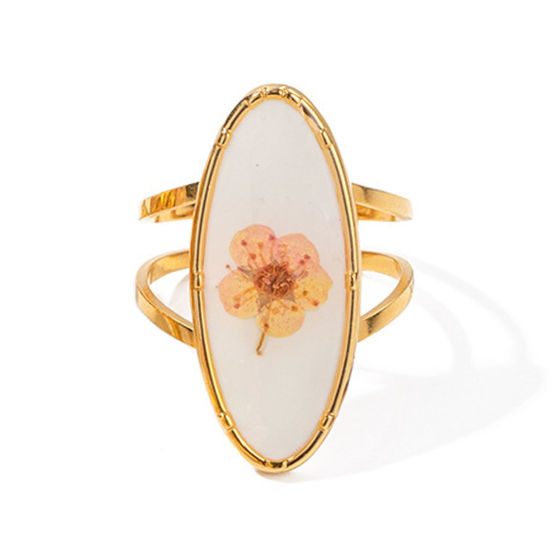 Bild von Umweltfreundliche Vakuumbeschichtung Stilvoll Handgemachte Harz Schmuck Echte Blume 18K Echtgold plattiert 304 Edelstahl & Harz Offen Oval Blumen Ring Für Frauen Party 18mm (US Größe 7,75), 1 Stück