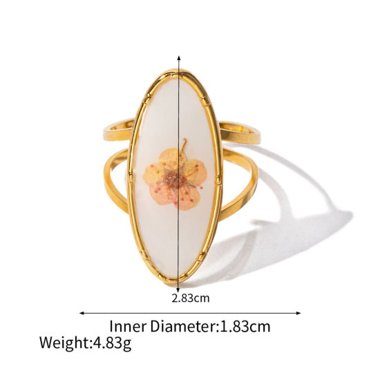 Bild von Umweltfreundliche Vakuumbeschichtung Stilvoll Handgemachte Harz Schmuck Echte Blume 18K Echtgold plattiert 304 Edelstahl & Harz Offen Oval Blumen Ring Für Frauen Party 18mm (US Größe 7,75), 1 Stück