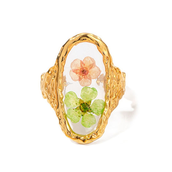 Bild von Umweltfreundliche Vakuumbeschichtung Stilvoll Handgemachte Harz Schmuck Echte Blume 18K Echtgold plattiert 304 Edelstahl & Harz Offen Oval Blumen Ring Für Frauen Party 18mm (US Größe 7,75), 1 Stück