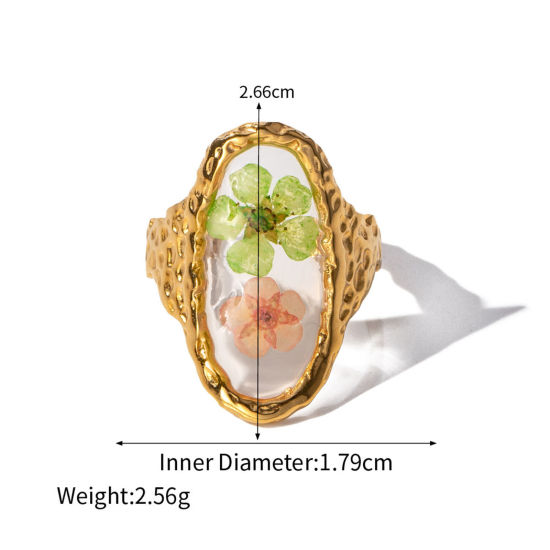 Bild von Umweltfreundliche Vakuumbeschichtung Stilvoll Handgemachte Harz Schmuck Echte Blume 18K Echtgold plattiert 304 Edelstahl & Harz Offen Oval Blumen Ring Für Frauen Party 18mm (US Größe 7,75), 1 Stück