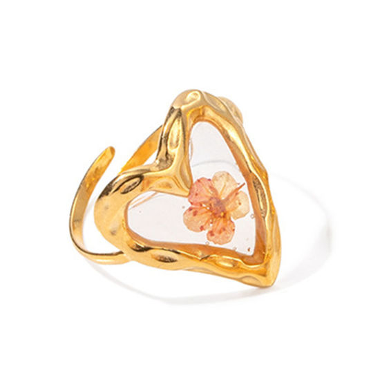 Bild von Umweltfreundliche Vakuumbeschichtung Stilvoll Handgemachte Harz Schmuck Echte Blume 18K Echtgold plattiert 304 Edelstahl & Harz Offen Herz Blumen Ring Für Frauen Party 18mm (US Größe 7,75), 1 Stück