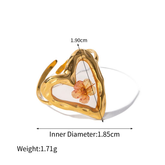 Bild von Umweltfreundliche Vakuumbeschichtung Stilvoll Handgemachte Harz Schmuck Echte Blume 18K Echtgold plattiert 304 Edelstahl & Harz Offen Herz Blumen Ring Für Frauen Party 18mm (US Größe 7,75), 1 Stück