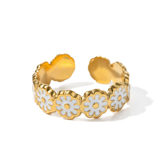 Bild von Umweltfreundliche Vakuumbeschichtung Natürliche Pastoral Stilvoll 18K Echtgold plattiert Weiß 304 Edelstahl Offen Gänseblümchen Emaille Ring Für Frauen Jubiläum 17mm (US Größe 6,5), 1 Stück