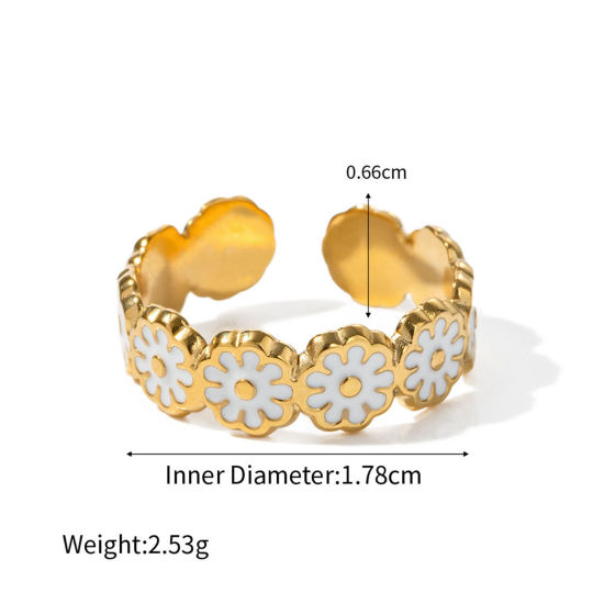 Bild von Umweltfreundliche Vakuumbeschichtung Natürliche Pastoral Stilvoll 18K Echtgold plattiert Weiß 304 Edelstahl Offen Gänseblümchen Emaille Ring Für Frauen Jubiläum 17mm (US Größe 6,5), 1 Stück