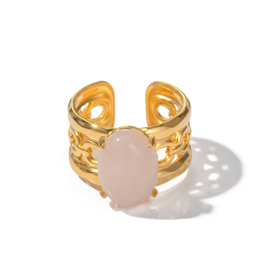 Imagen de Enchapado al Vacío Ecológico Retro Bohemia 18K Oro Real Chapado 304 Acero Inoxidable & Piedra Abierto Óvalo Anillos Para Mujeres Fiesta 17mm (US size 6.5), 1 Unidad