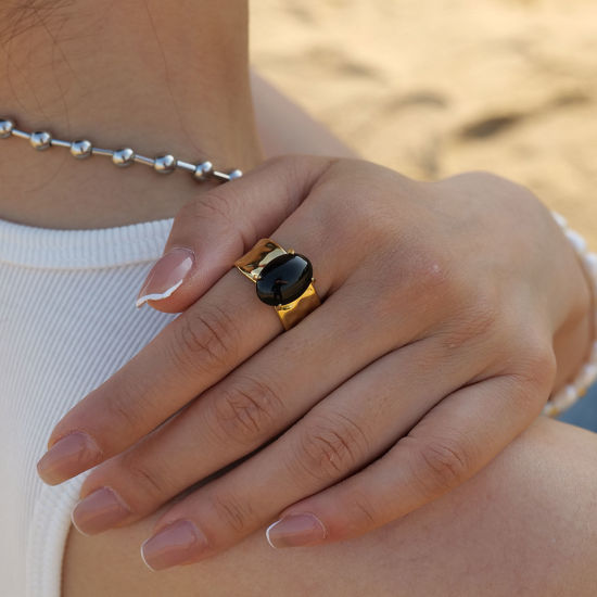 Picture of Eco-friendly Vacuum Plating Stylish Style Of Royal Court Character 18K Real Gold Plated 304 Stainless Steel & Stone Open Oval Rings Unisex Party 18mm(US Size 7.75), 1 Piece