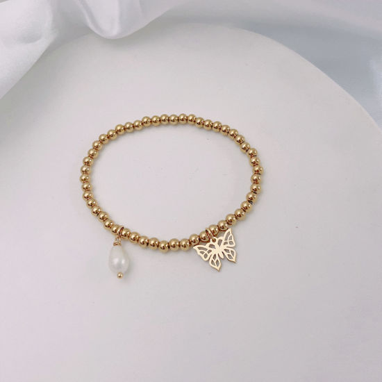 Picture of Eco-friendly Dainty Insect 18K Gold Plated 304 Stainless Steel & Natural Pearl Butterfly Animal Elastic Charm Bracelets For Women Anniversary 18cm(7 1/8") long, 1 Piece