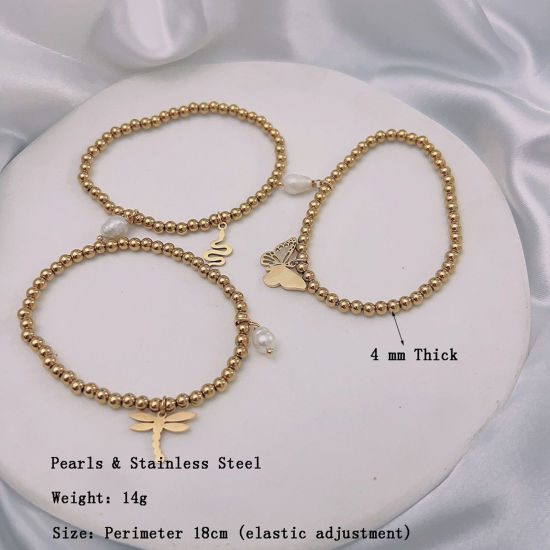 Picture of Eco-friendly Dainty Simple 18K Gold Plated 304 Stainless Steel & Natural Pearl Snake Animal Elastic Charm Bracelets For Women Anniversary 18cm(7 1/8") long, 1 Piece