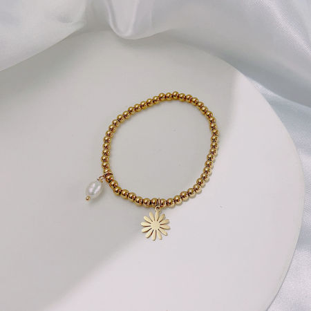 Picture of Eco-friendly Dainty Simple 18K Gold Plated 304 Stainless Steel & Natural Pearl Half Moon Butterfly Elastic Charm Bracelets For Women Anniversary