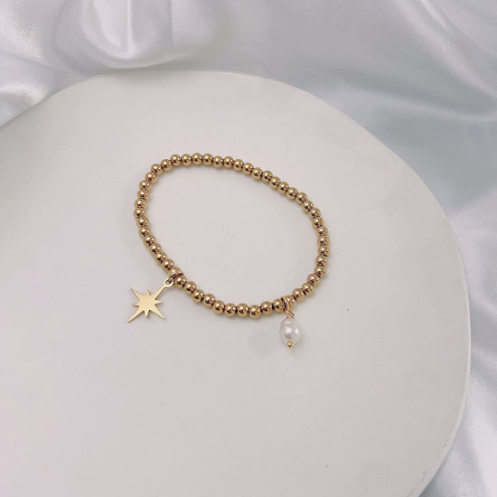 Picture of Eco-friendly Dainty Galaxy 18K Gold Plated 304 Stainless Steel & Natural Pearl Eight Pointed Star Elastic Charm Bracelets For Women Anniversary 18cm(7 1/8") long, 1 Piece