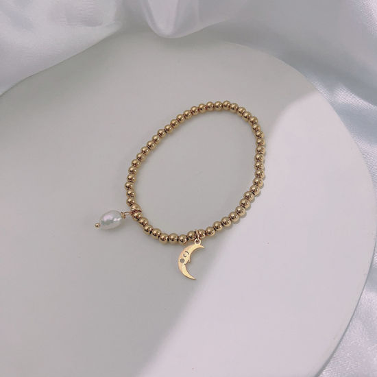 Picture of Eco-friendly Dainty Galaxy 18K Gold Plated 304 Stainless Steel & Natural Pearl Moon Face Elastic Charm Bracelets For Women Anniversary 18cm(7 1/8") long, 1 Piece