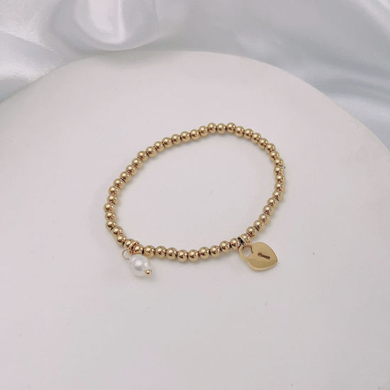 Picture of Eco-friendly Dainty Simple 18K Gold Plated 304 Stainless Steel & Natural Pearl Lock Elastic Charm Bracelets For Women Anniversary 18cm(7 1/8") long, 1 Piece
