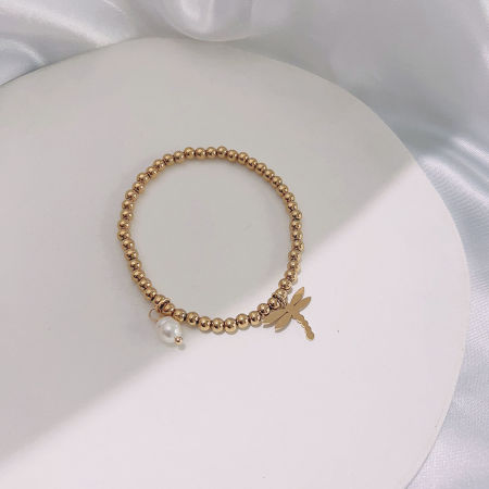 Picture of Eco-friendly Dainty Simple 18K Gold Plated 304 Stainless Steel & Natural Pearl Half Moon Butterfly Elastic Charm Bracelets For Women Anniversary