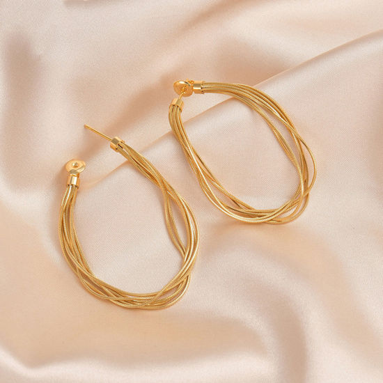 Imagen de Enchapado al Vacío Ecológico Sencillo & Casual Elegante Chapado en Oro de 14K 304 Acero Inoxidable Panícula Raya Pendientes Para Mujeres Fiesta 5.5cm, 1 Par