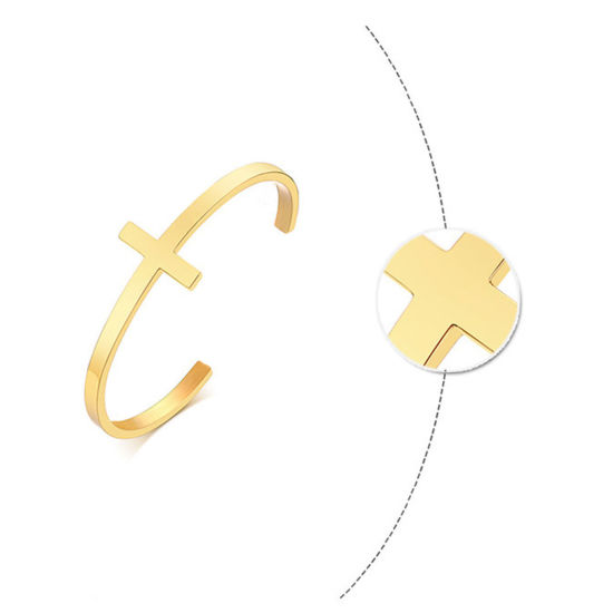 Picture of Eco-friendly Vacuum Plating Stylish Simple 18K Gold Plated 304 Stainless Steel Cross Open Bangles Bracelets For Women Party 6cm Dia., 1 Piece