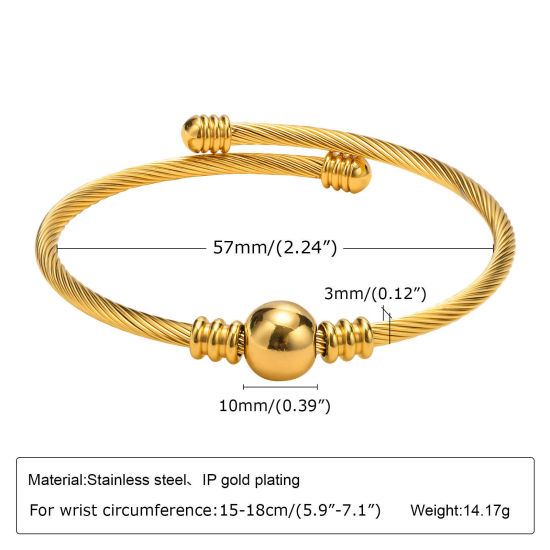 Picture of Eco-friendly Vacuum Plating Stylish Simple 18K Gold Plated 304 Stainless Steel Ball Spiral Open Bangles Bracelets For Women Party 6cm Dia., 1 Piece