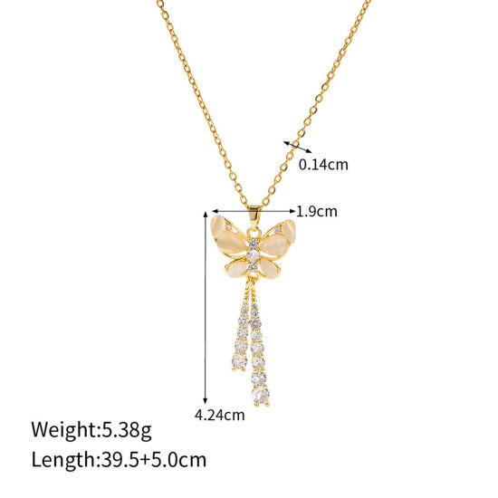 Image de Collier à Pendentif Chaîne Maille Cheval Élégant en 304 Acier Inoxydable & Zircon Placage Sous Vide Écologique À la Mode Plaqué Or Véritable 18K Franges Pompons Glands Papillons Pour Femmes Fête 39cm long, 1 Pièce