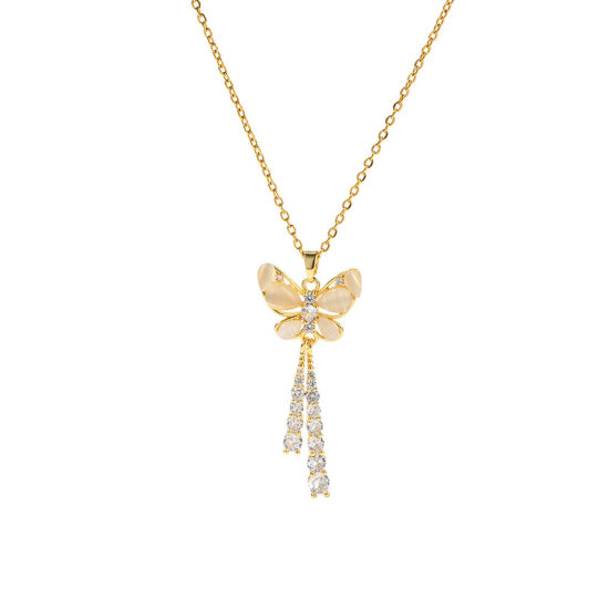 Image de Collier à Pendentif Chaîne Maille Cheval Élégant en 304 Acier Inoxydable & Zircon Placage Sous Vide Écologique À la Mode Plaqué Or Véritable 18K Franges Pompons Glands Papillons Pour Femmes Fête 39cm long, 1 Pièce