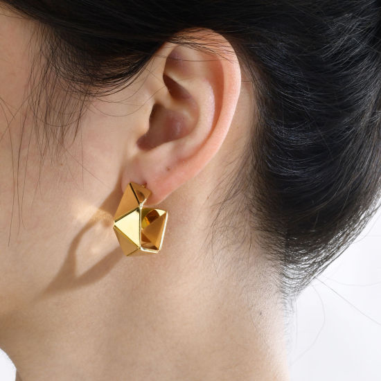 Imagen de Enchapado al Vacío Ecológico Elegante Sencillo Chapado en Oro de 18K 304 Acero Inoxidable Irregular Aretes de Aro Para Mujeres Fiesta 21mm x 9mm, 1 Par
