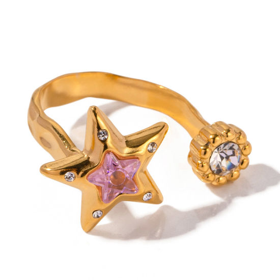 Imagen de Enchapado al Vacío Ecológico Elegante Retro 18K Oro Real Chapado 304 Acero Inoxidable y Diamantes de Imitación Abierto Ronda Estrellas de cinco puntos Anillos Para Mujeres Aniversario 17mm (US size 6.5), 1 Unidad