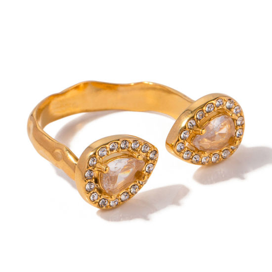 Imagen de Enchapado al Vacío Ecológico Elegante Retro 18K Oro Real Chapado 304 Acero Inoxidable y Diamantes de Imitación Abierto Gota Anillos Para Mujeres Aniversario 17mm (US size 6.5), 1 Unidad