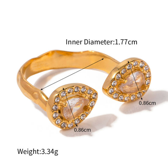 Imagen de Enchapado al Vacío Ecológico Elegante Retro 18K Oro Real Chapado 304 Acero Inoxidable y Diamantes de Imitación Abierto Gota Anillos Para Mujeres Aniversario 17mm (US size 6.5), 1 Unidad