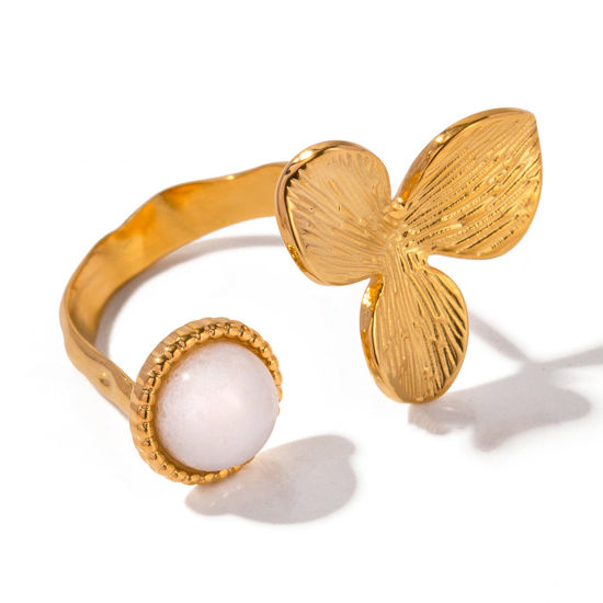 Imagen de Enchapado al Vacío Ecológico Elegante Retro 18K Oro Real Chapado 304 Acero Inoxidable & Piedra Abierto Ronda Flor Anillos Para Mujeres Aniversario 17mm (US size 6.5), 1 Unidad