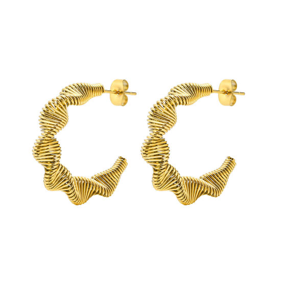 Bild von Umweltfreundliche Vakuumbeschichtung Minimalistisch Stilvoll 18K Echtgold plattiert 304 Edelstahl C-Form Gewinde Hoop Ohrringe Für Frauen Party 2,9cm, 1 Paar