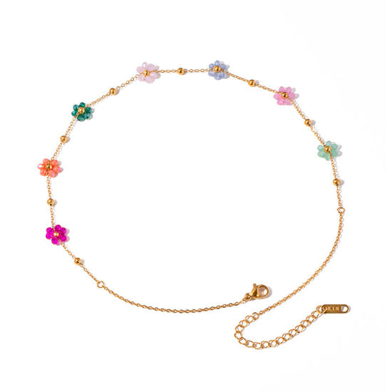 Image de 1 Pièce Placage sous Vide Sucré & Mignon Collier Ras de Cou Chaîne Maille Bille Élégant en 304 Acier Inoxydable Plaqué Or Véritable 18K Multicolore Fleurs Pour Femmes Engagement 37.5cm long