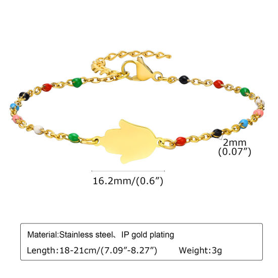 Picture of 1 Piece Vacuum Plating Simple & Casual Simple 18K Gold Plated 304 Stainless Steel Link Cable Chain Hamsa Symbol Hand Bracelets For Women Party 18cm-21cm long