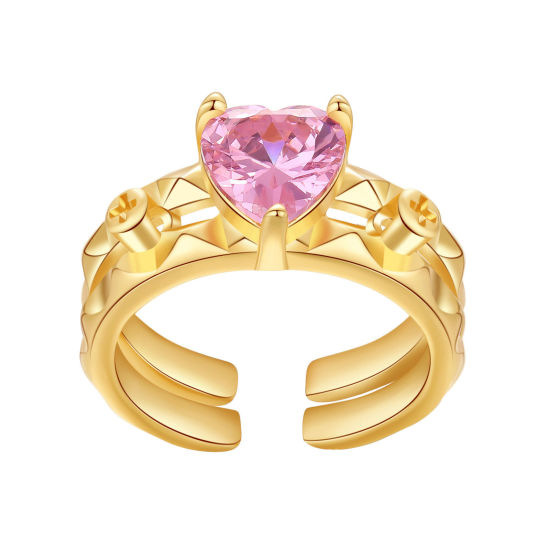 Picture of Eco-friendly Vacuum Plating Sweet & Cute Stylish 18K Real Gold Plated Brass & Cubic Zirconia Open Adjustable Heart Rings For Women Party 22mm(US Size 12.75), 1 Piece