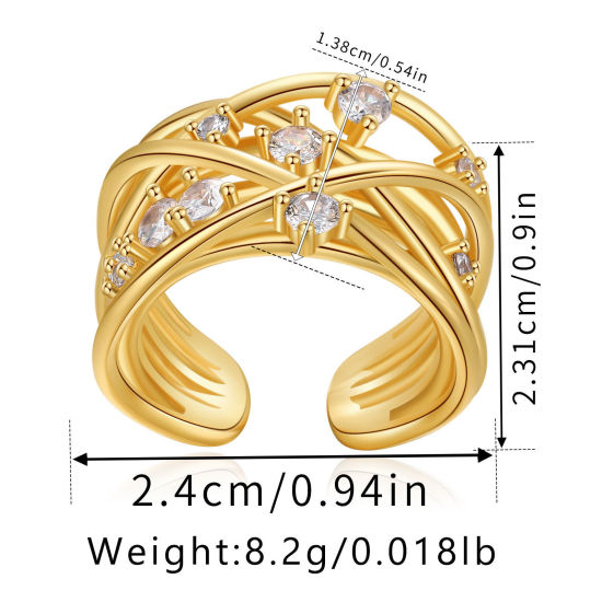 Picture of Eco-friendly Vacuum Plating Sweet & Cute Stylish 18K Real Gold Plated Brass & Cubic Zirconia Open Adjustable Streak Rings For Women Party 24mm, 1 Piece