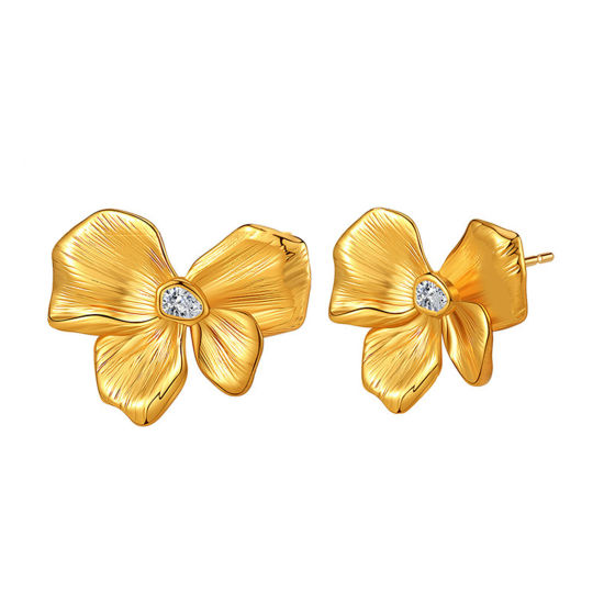 Picture of Eco-friendly Vacuum Plating Sweet & Cute Retro 18K Real Gold Plated Brass & Cubic Zirconia Butterfly Animal Flower Ear Post Stud Earrings For Women Party 2.3cm x 1.8cm, 1 Pair