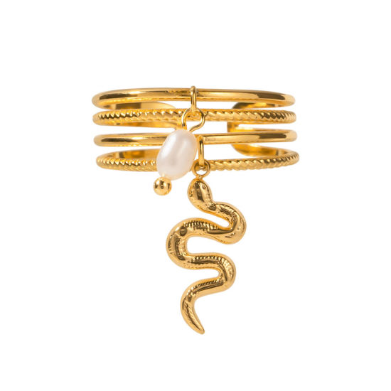 Imagen de 1 Unidad Enchapado al Vacío Ecológico Pastoral Natural Elegante 18K Oro Real Chapado Acero Inoxidable 304 & Perla Natural. Abierto Serpiente Anillos Para Mujeres Fiesta 18mm (US Size 7.75)