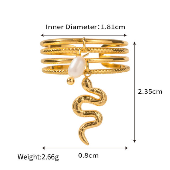 Imagen de 1 Unidad Enchapado al Vacío Ecológico Pastoral Natural Elegante 18K Oro Real Chapado Acero Inoxidable 304 & Perla Natural. Abierto Serpiente Anillos Para Mujeres Fiesta 18mm (US Size 7.75)