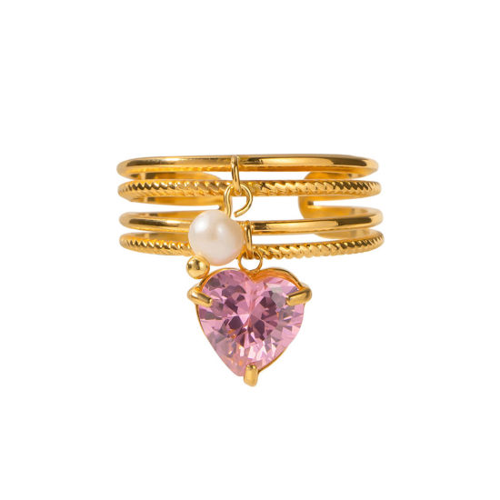 Imagen de 1 Unidad Enchapado al Vacío Ecológico Dulce & Lindo Elegante 18K Oro Real Chapado Acero Inoxidable 304 & Perla Natural. Abierto Corazón Anillos Para Mujeres Fiesta 18mm (US Size 7.75)