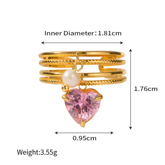 Imagen de 1 Unidad Enchapado al Vacío Ecológico Dulce & Lindo Elegante 18K Oro Real Chapado Acero Inoxidable 304 & Perla Natural. Abierto Corazón Anillos Para Mujeres Fiesta 18mm (US Size 7.75)