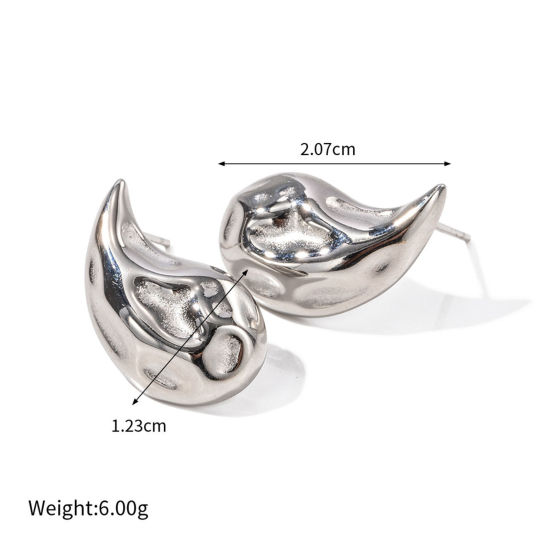 Picture of 1 Pair Eco-friendly Vacuum Plating Retro Hammered Real Platinum Plated 304 Stainless Steel Drop Ear Post Stud Earrings For Women Party 2.1cm x 1.2cm