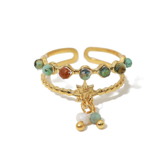 Imagen de 1 Unidad Enchapado al Vacío Ecológico Pastoral Natural Bohemia 18K Oro Real Chapado 304 Acero Inoxidable & Piedra Abierto Panícula Estrella Anillos Para Mujeres Fiesta 18mm (US Size 7.75)