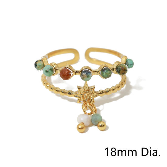 Imagen de 1 Unidad Enchapado al Vacío Ecológico Pastoral Natural Bohemia 18K Oro Real Chapado 304 Acero Inoxidable & Piedra Abierto Panícula Estrella Anillos Para Mujeres Fiesta 18mm (US Size 7.75)