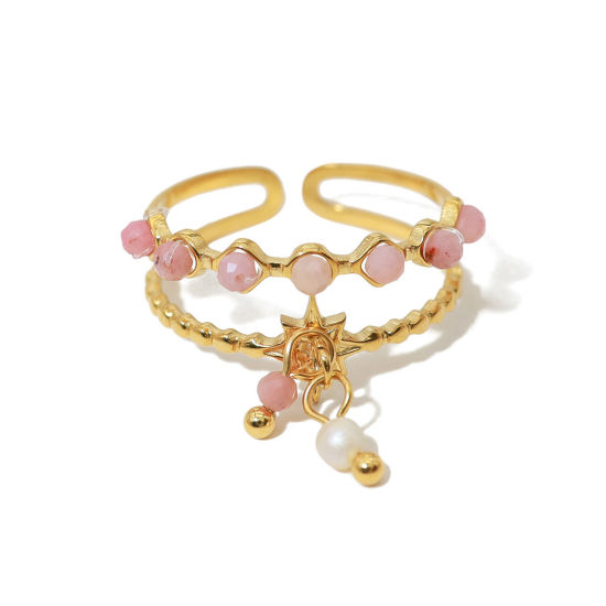 Imagen de 1 Unidad Enchapado al Vacío Ecológico Pastoral Natural Bohemia 18K Oro Real Chapado 304 Acero Inoxidable & Piedra Abierto Panícula Estrella Anillos Para Mujeres Fiesta 18mm (US Size 7.75)