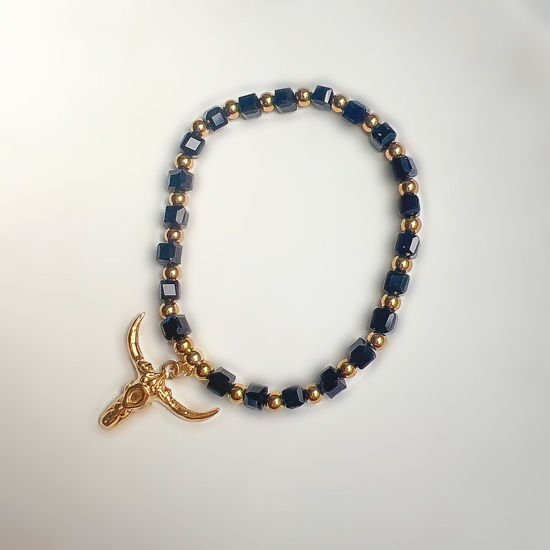 Picture of 1 Piece Eco-friendly Stylish Retro 18K Gold Plated Black 304 Stainless Steel & Lampwork Glass Ball Chain Bull Head/ Cow Head Beaded Charm Bracelets For Women Party 16cm(6 2/8") long