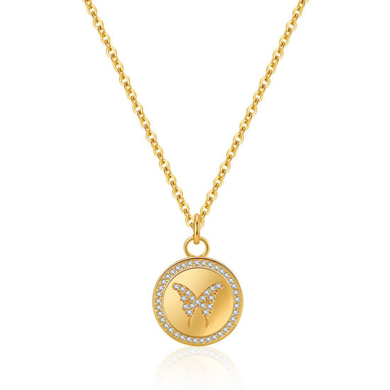 Immagine di 1 Pz Placcatura Sottovuoto Ecologica Elegante Semplice 18K Vero Oro Placcato Ottone & Zircone Cubico Cavo Catena Tondo Farfalla Collana con Ciondolo Per Donne Festa 41cm Lunghezza