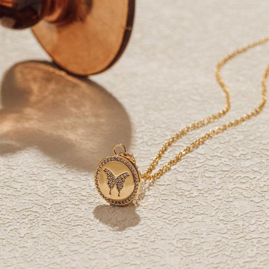 Immagine di 1 Pz Placcatura Sottovuoto Ecologica Elegante Semplice 18K Vero Oro Placcato Ottone & Zircone Cubico Cavo Catena Tondo Farfalla Collana con Ciondolo Per Donne Festa 41cm Lunghezza