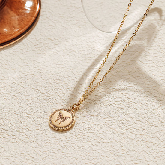 Immagine di 1 Pz Placcatura Sottovuoto Ecologica Elegante Semplice 18K Vero Oro Placcato Ottone & Zircone Cubico Cavo Catena Tondo Farfalla Collana con Ciondolo Per Donne Festa 41cm Lunghezza