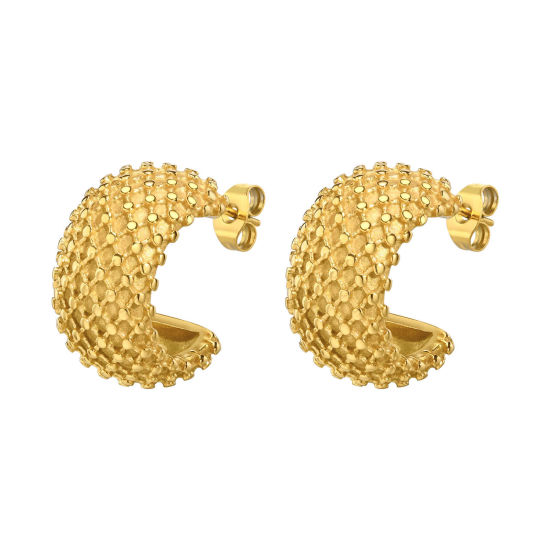 Picture of 1 Pair Eco-friendly Vacuum Plating Simple & Casual Retro 18K Real Gold Plated 304 Stainless Steel C Shape Weave Textured Ear Post Stud Earrings For Women Party 2.1cm x 1.1cm