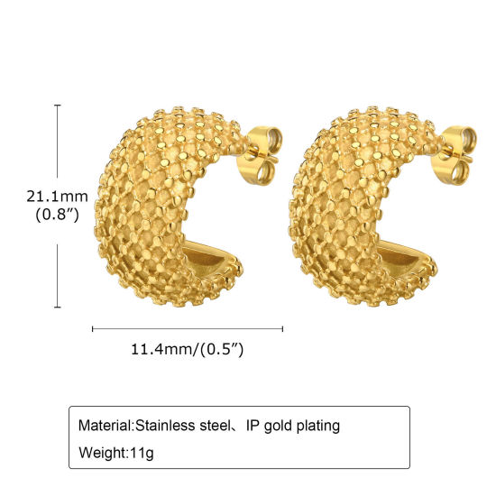 Picture of 1 Pair Eco-friendly Vacuum Plating Simple & Casual Retro 18K Real Gold Plated 304 Stainless Steel C Shape Weave Textured Ear Post Stud Earrings For Women Party 2.1cm x 1.1cm